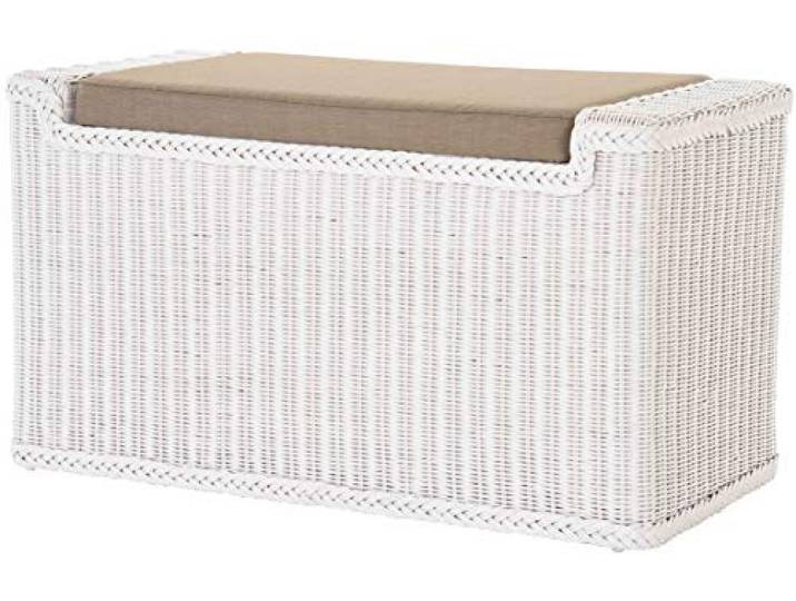 Wäschesortierer mit Sitzbank aus echtem Rattan/Wäschesammler mit 3 Fächern in der Farbe Weiß