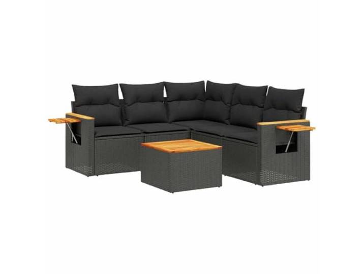 KTHLBRH Gartenmöbel-Set 6-teilig mit schwarzen Kissen aus Polyrattan PE-Rattan, pulverbeschichteter Stahl, Tischplatte aus Akazienholz, abnehmbare Kissen, modulares Design, Couchtisch