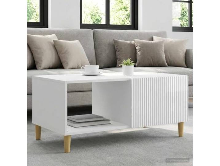 TEKGHUT Couchtisch Hochglanz Weiß 90x50x40 cm Holzwerkstoff mit Schwenktür Vintage Design, Stauraumfach, 90° Schwenktür, glatte Oberfläche, pflegeleicht, Wohnzimmer