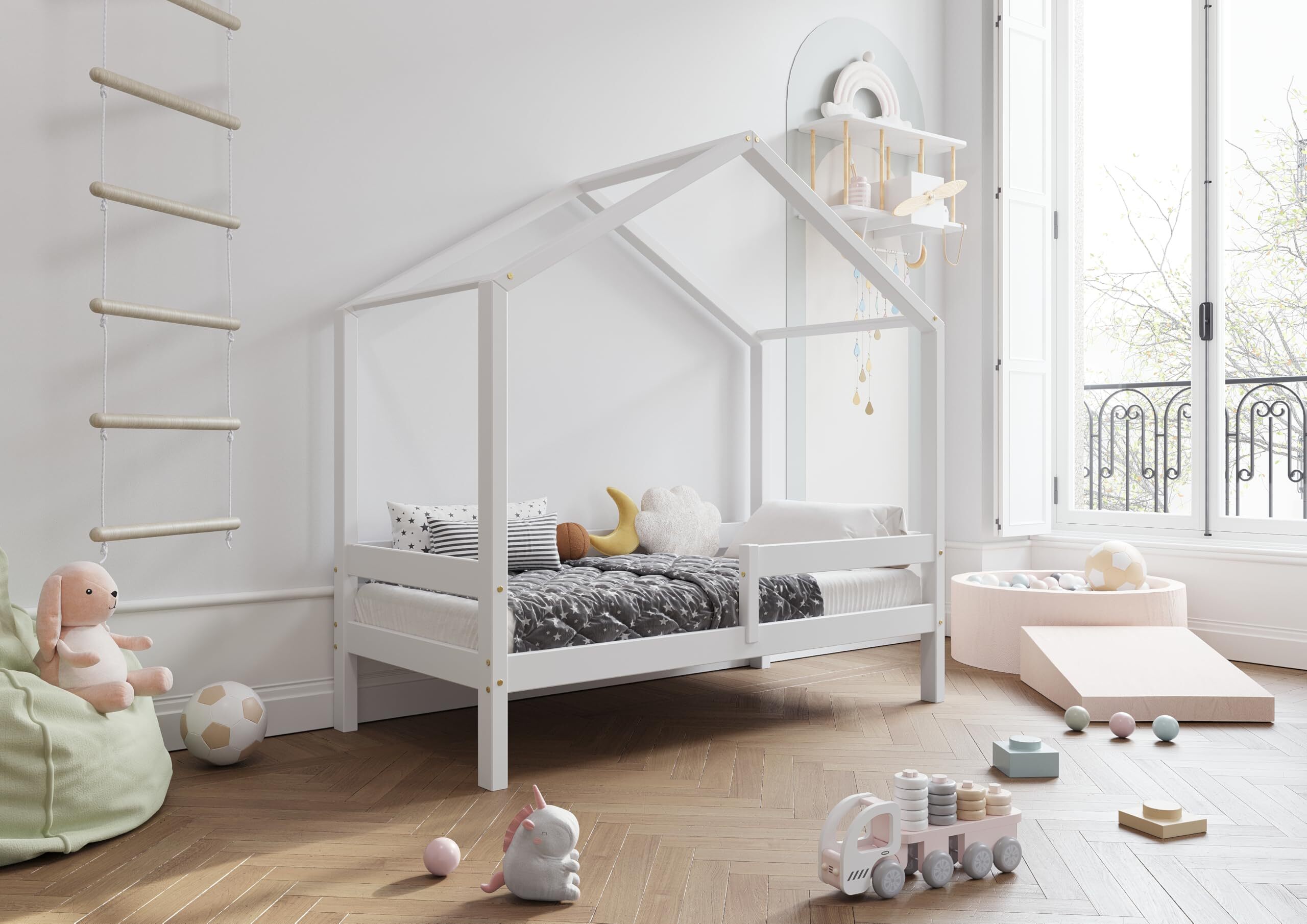 TIMBEE HUFIE Hausbett Kinderbett Holz Kinderzimmer Bett - Weiß - 70x140cm - 23cm Beine