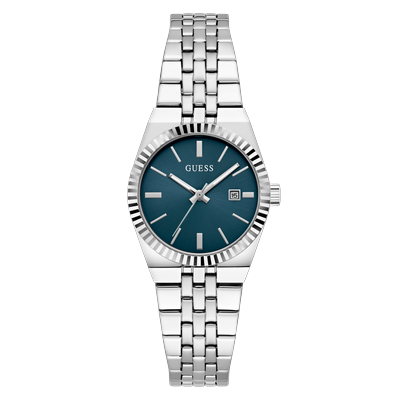 Quarzuhr GUESS "VERA", blau (silberfarben, blau), Armbanduhren, Damen, Quarzuhr, Armbanduhr, Damenuhr, Edelstahlarmband, analog, Tag