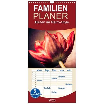 Familienplaner 2026 - Blüten im Retro-Style mit 5 Spalten (Wandkalender, 21 x 45 cm) CALVENDO