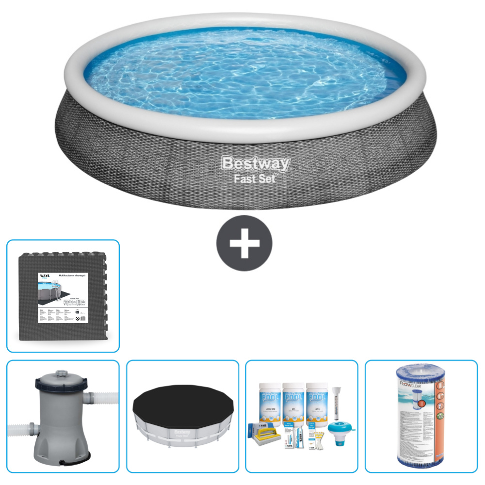 Bestway runder aufblasbarer Fast-Set-Pool - Rattan-Druck - 396 x 84 cm - inklusive Pumpe Abdeckung - Wartungspaket - Filter - Bodenfliesen
