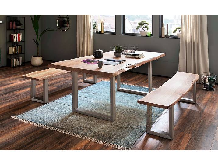 Massive Baumkanten-Sitzbank 180cm Braun/Akazie Braun U-Form Silber