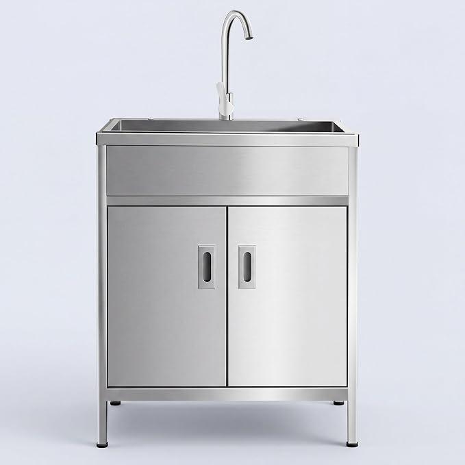 Outdoor Spültisch Edelstahl 304 mit Unterschrank, Freistehende Spülbecken Garten Spüle mit Armatur, Küchenspüle Spülenschrank, Mobiles Waschbecken für Terrasse, Garage, Waschküche(60x45x80cm)