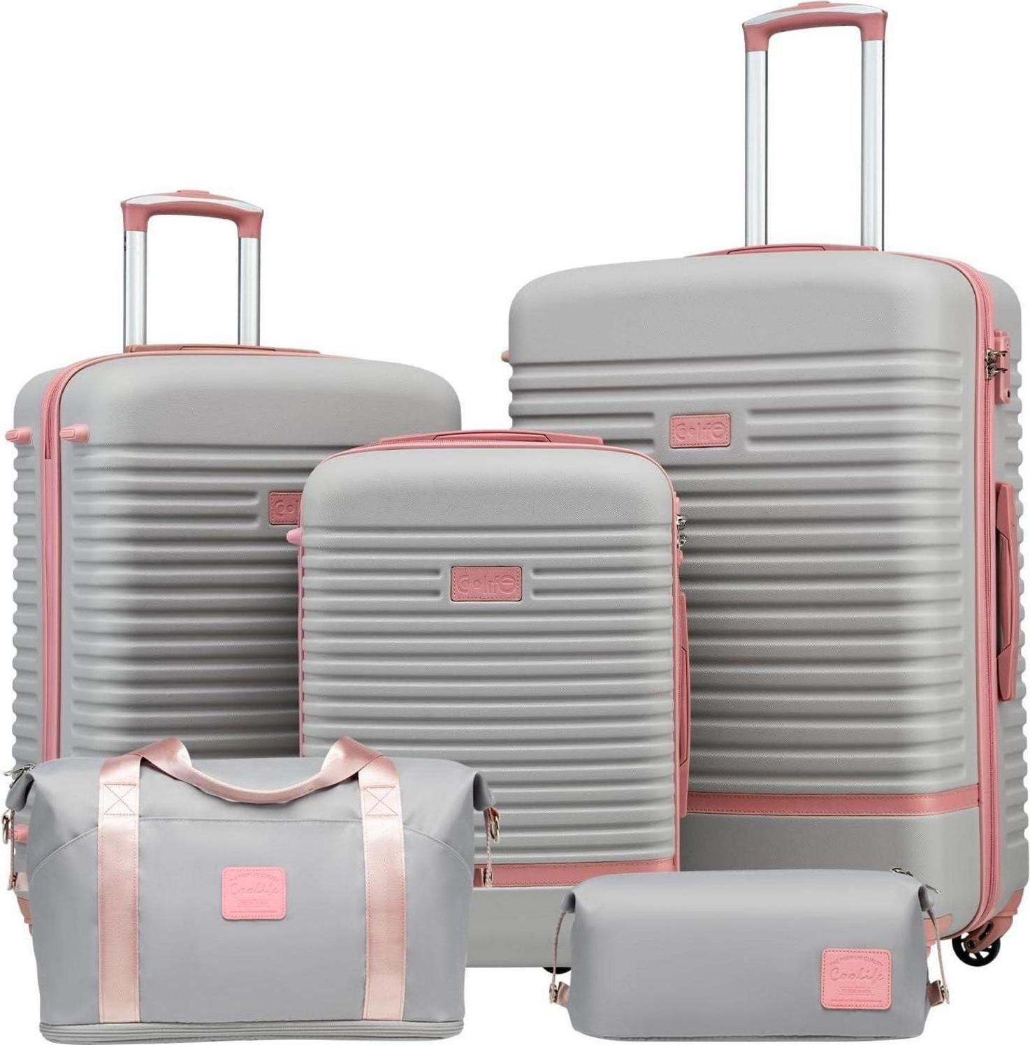 COOLIFE ABS Hartschalen Koffer Trolley Set 5tlg Grau/Rosa