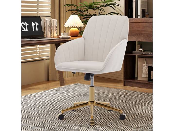 Fauteuil Bureau Pivotant 60x60x97cm Hauteur Réglable Velours Blanc Dossier Ergonomique Roulettes 360° Chaise de Travail