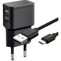 goobay Dual Ladeset 2,4 A, Netzteil mit 2x USB-Ausgang inklusive USB-Ladekabel, schwarz Micro-USB
