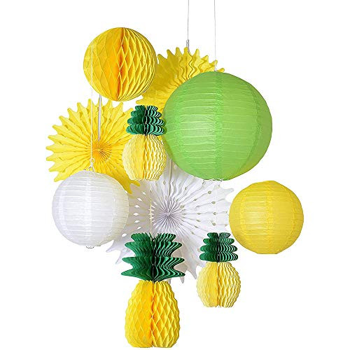 ANCLLO Tropische Hawaiiaanse Party Decoratie Set met Ananas en Honingraat Papier Lantaarns en Fans