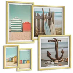BILDER SET 5er Set - 50x50 cm & 20x30 cm & 40x60 cm Goldrahmen - Bunte Häuser, Strand, Sonne