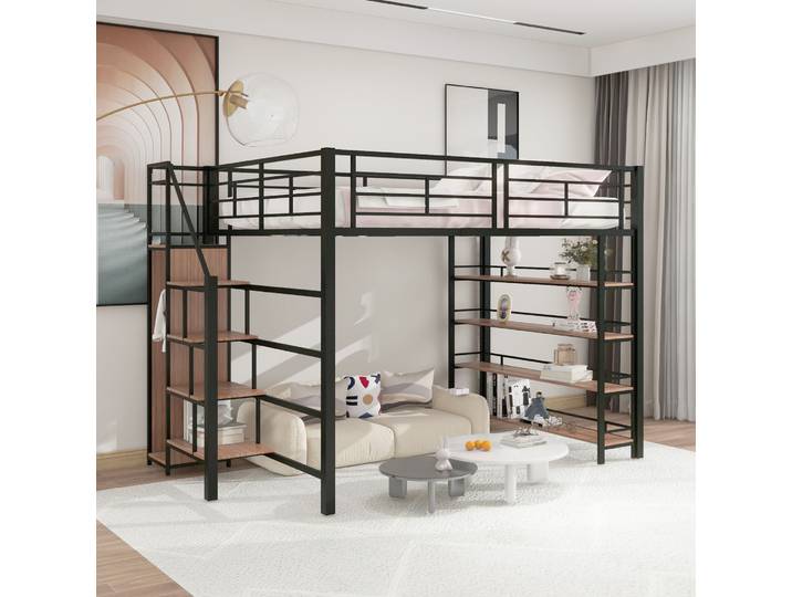Lit Mezzanine 140x200 Cm En Métal Noir\, Rangements Intégrés Pour Studio\, Sans Matelas – Meubliv