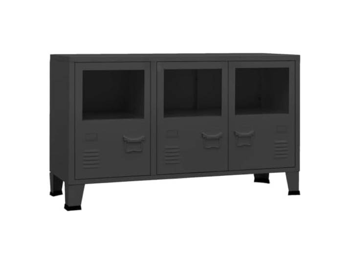 TYVANDE Industrielle Anrichte schwarz 105 x 35 x 62 cm aus Metall und Glas Industrielles Design, Glastüren, nicht verstellbare Regale, Schilderhalter, Lüftungsschlitze, Griff aus Metall