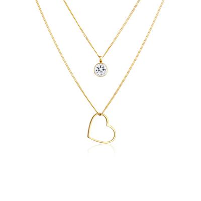 Silberkette ELLI "Halskette Layer Herz Love 925 Silber, mit Kristallen von Swarovski" Gr. 45, gold, Halsketten, Damen, Silber 925 (Sterlingsilber), Silberkette