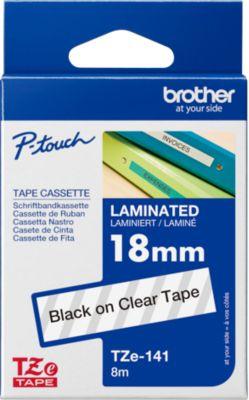 Schriftbandkassette Brother TZe-141, selbstklebend, L 8 m x B 18 mm, farblos/schwarz