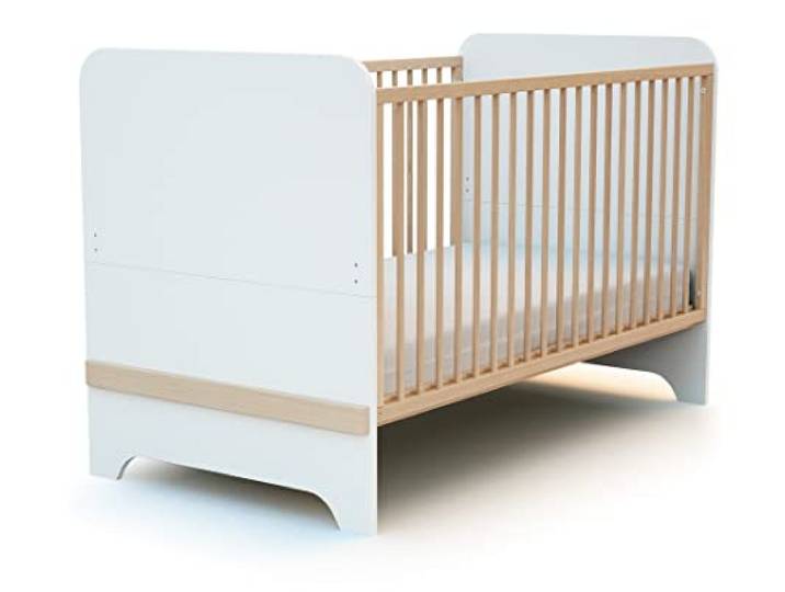 AT4 - Babybett umbaubar zum juniorbett Holz CARROUSEL Weiß und Buche Lackiert 70 x 140 Kinderbett Gitterbett mit Lattenrost 2 Stufen Höhenverstellbar