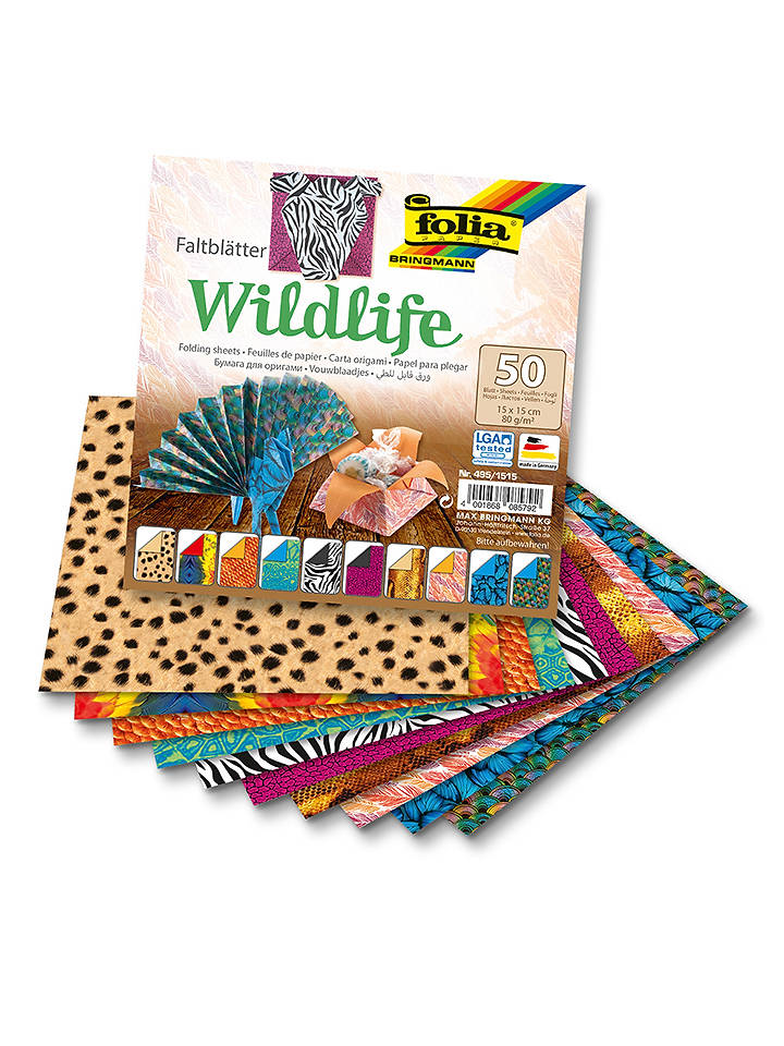 folia PAPER Faltblätter "Wildlife" in Bunt - 50 Blatt - (L)15 x (B)15 cm - onesize
