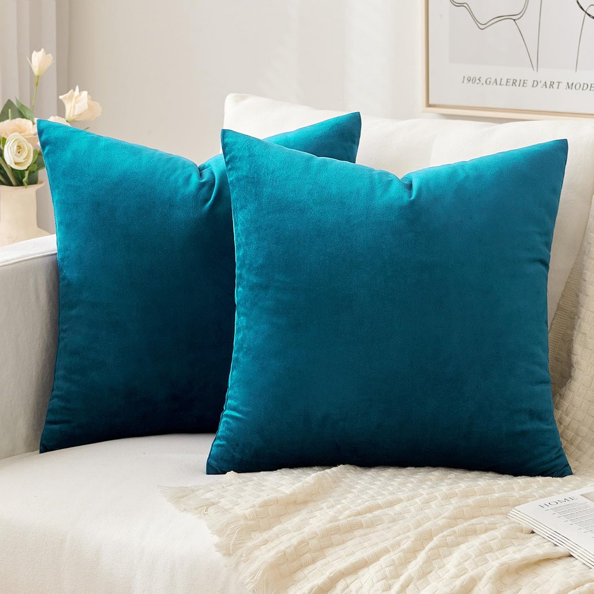 Set van 2 blauwe fluwelen decoratieve kussenhoezen, 50 x 50 cm