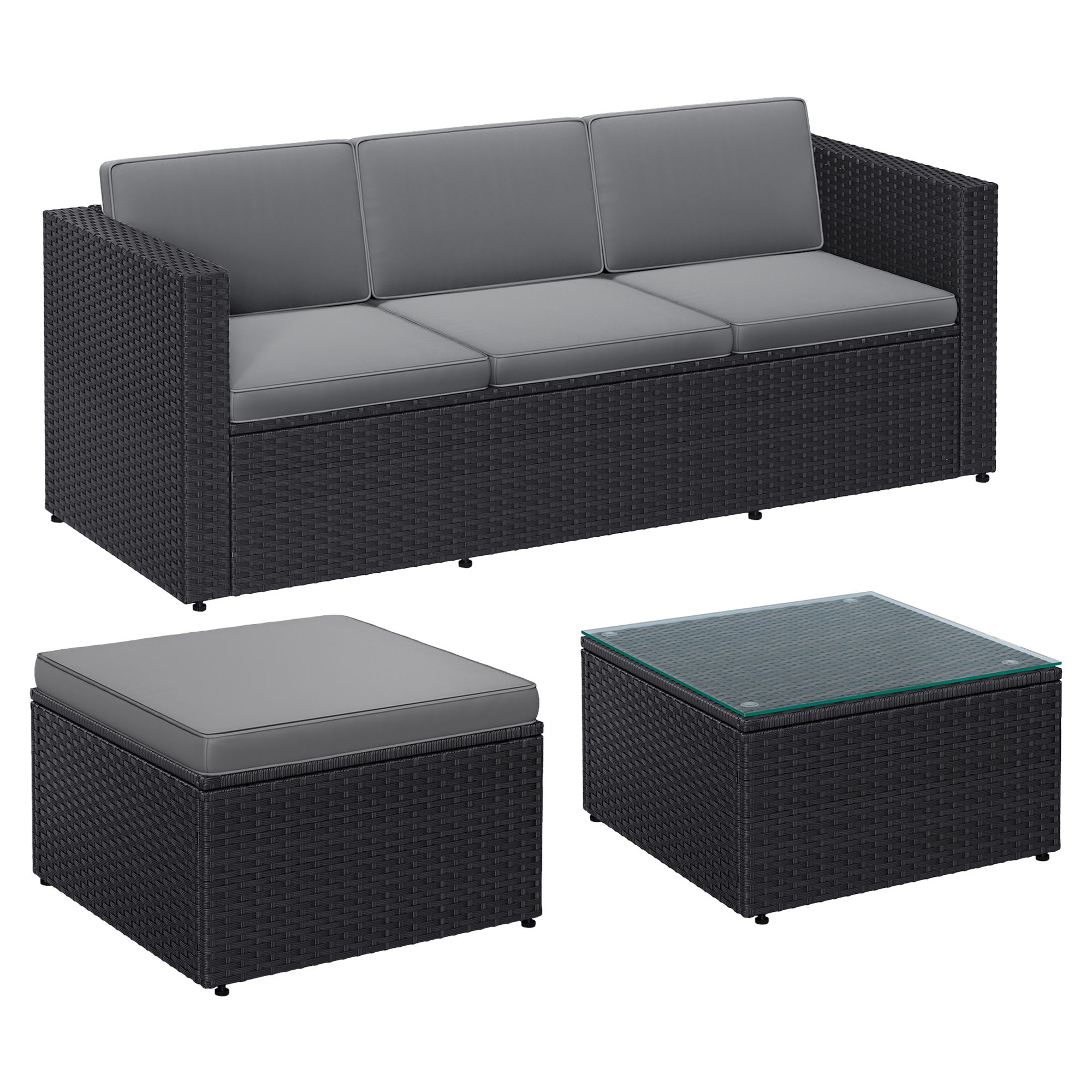 SONGMICS Gartenmöbel-Set, Terrassenmöbel aus PE-Polyrattan, Balkonmöbel mit Kissen und Glastisch GGFB35005B04