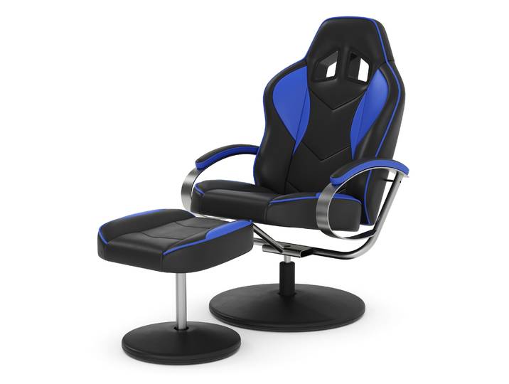 Fernsehsessel Leder mit Fusshocker blau/schwarz