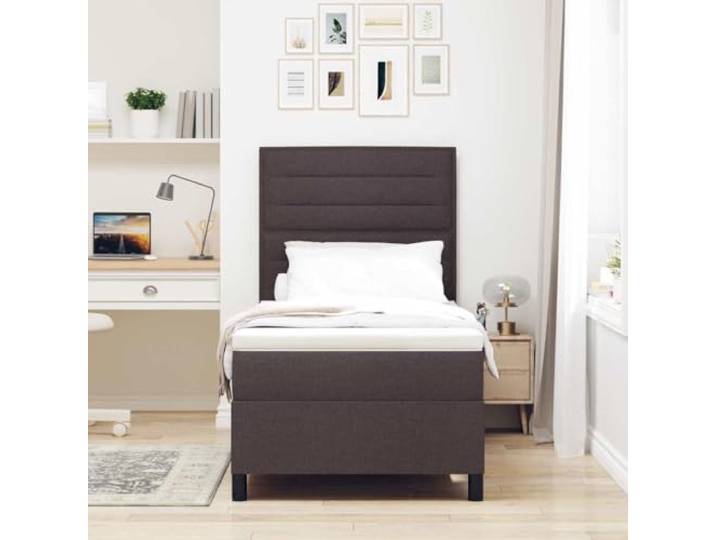 KTHLBRH Boxspringbett mit dunkelbrauner Matratze 90 x 200 cm Gestell aus Holz und massiver Kiefer, atmungsaktiver Stoff, mittelfeste Matratze