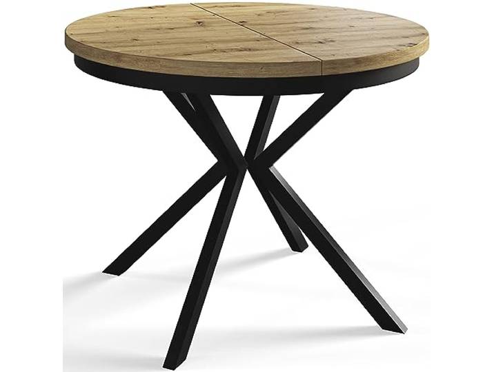 Esszimmertisch BERGO, Durchmesser: 100-180 cm, Artisan, Schwarz Beine Runder Tisch, Ausziehbarer Tisch, Wohnzimmertisch mit Metallbeinen