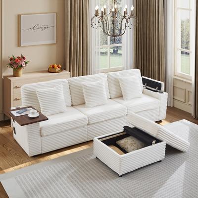 Loedds Corduroy Modular Sectional Sofa with Storage USB Cup Holders and Bluetooth Speaker
