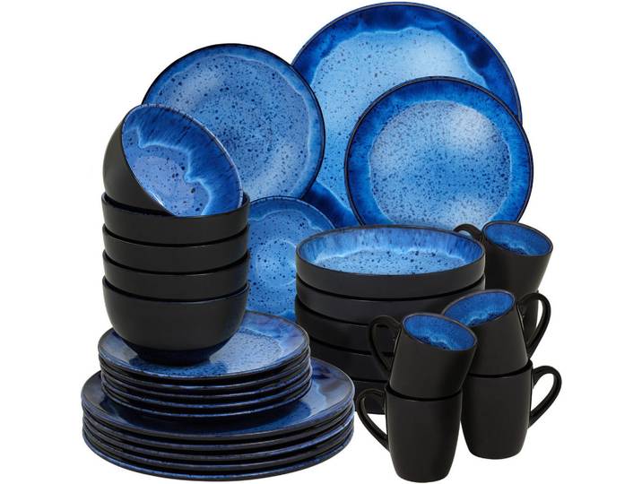 tectake Kombiservice Mare, ineinander stapelbar, blau, Blau, Keramik, 26.5x2.5x26.5 cm, Geschirr, Geschirrsets