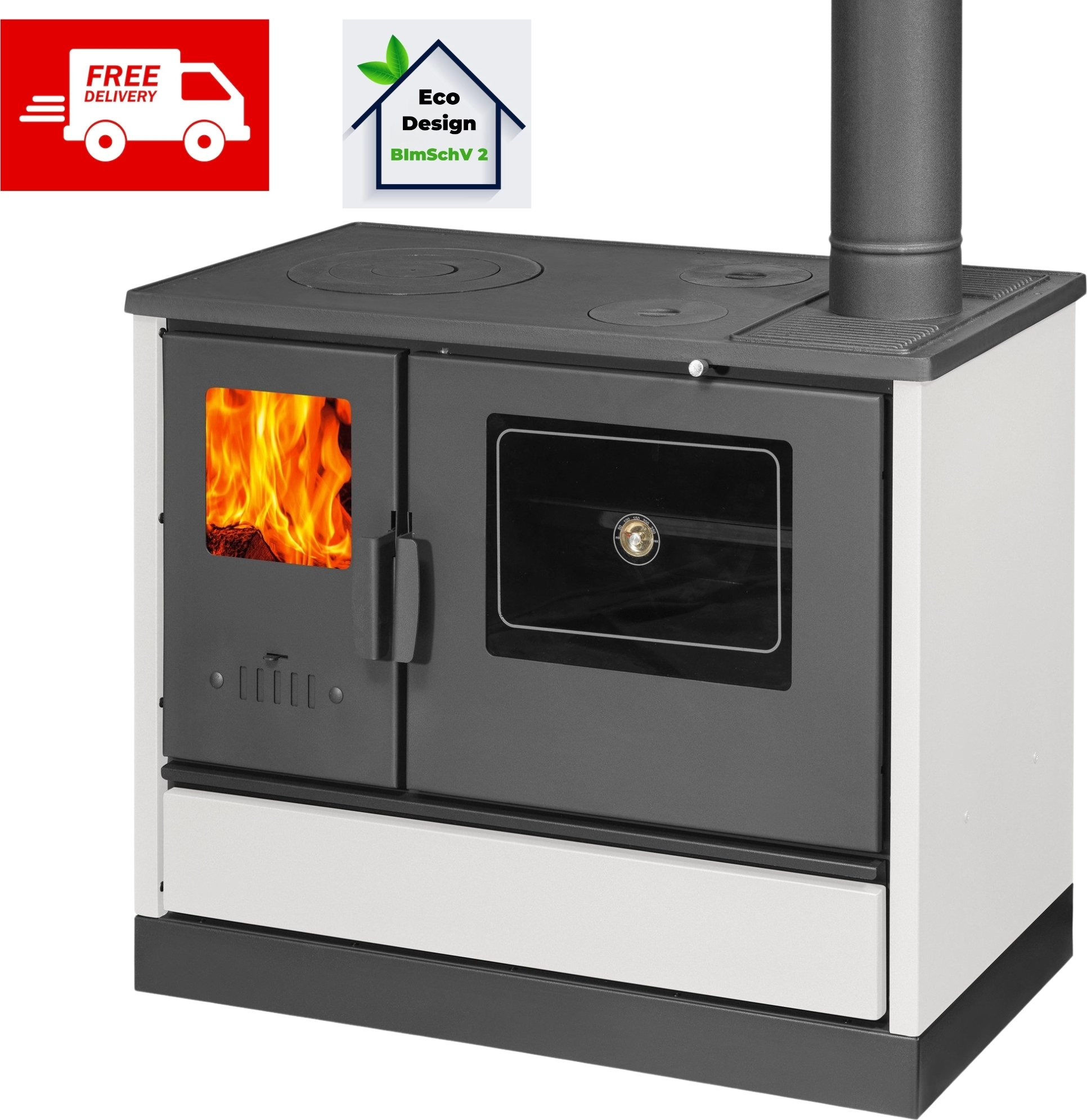 BALKAN ENERGY - Kaminofen - Ofen - Holzofen - Küchenofen mit Backofen und Kochplatte - Modell 4020 - Weiß - 7.9kW - A+