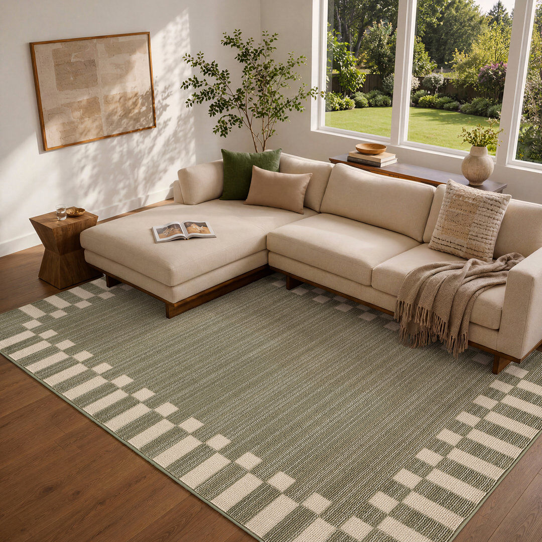 Latitude Vive Fifth Avenue Check Border Rug Olive,Off-White Rectangle 152 x 225 cm