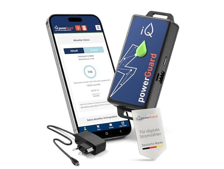 iQ powerGuard - Slimme stroommeter incl. interface, iQ Cloud, app, alarmfunctie & WLAN - Digitale bewaking van stroomverbruik & kosten - stroommeter & stroomverbruikmeter met wifi