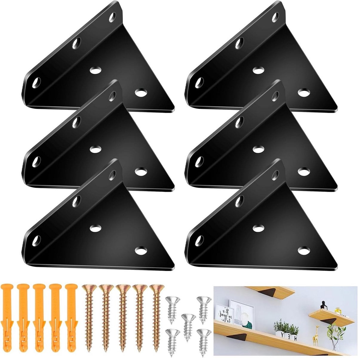 Set van 6 zwarte driehoekige zwevende plankhouders, 80 x 100 mm