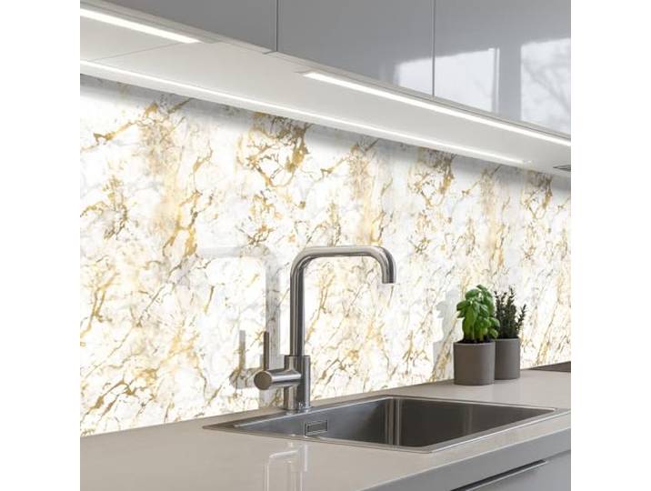 KitchenYeah© Spritzschutz Küchenrückwand Küche Abwaschbar Selbstklebend 80x400 cm - Küchenwand Küchenfront Küchen Rückenwand Wandschutz Goldspritzer - Weiß - Marmor
