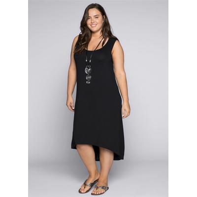 Sommerkleid SHEEGO "Strandkleid", Damen, Gr. 46, Normalgrößen, schwarz, 95% Viskose, 5% Elasthan, unifarben, wadenlang, Rundhals, Kleider Sommerkleid