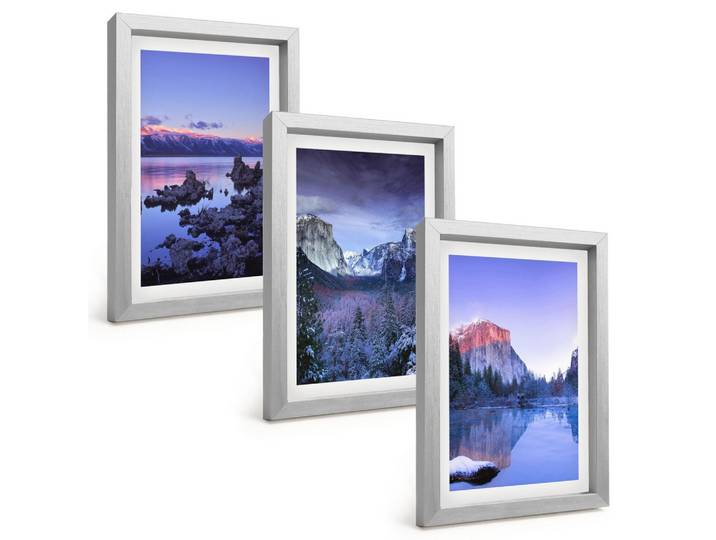 BILDER SET 3er Set - 20x30 cm Silberner Rahmen - Berglandschaften, Sonnenuntergang, Wasser
