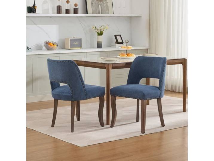 Lot de 2 Chaises Salle à Manger Bleu en Velours avec Dossier Évidé - Fauteuil Ergonomique avec Clous en Cuivre - Chic et stable