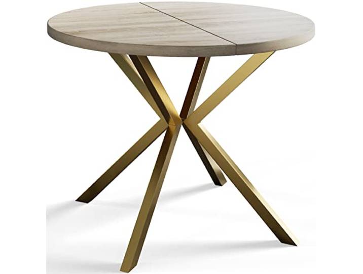AlpiMeble Esszimmertisch Ausziehbarer 120-200cm, Beige, Goldene Metallbeine Runder Tisch Loft Liten, Wohnzimmertisch, Küchentisch und Esszimmertisch