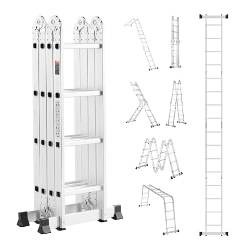 VEVOR Multifunctionele 7-in-1 Telescopische Ladder, Aluminium, Zilver/Wit, Bereikhoogte 460 cm, Draagvermogen 156 kg