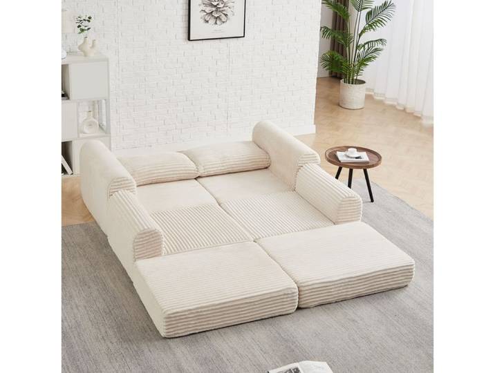 Canape Convertible 2 Places Beige Canape-Lit Modulaire FloraGrace Pour Salon Repose-Pieds Amovible 194x169 5x74cm
