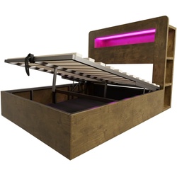 OKWISH Bettgestell aus Holz in Vintage-Holz, 140x200 cm, hydraulischer Stauraum, LED-Kopfteil mit Steckdosen
