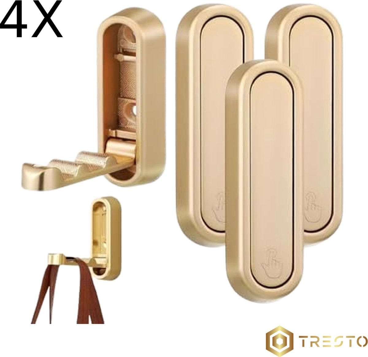 TRESTO Set van 4 opvouwbare wandhaken van zinklegering - Goud