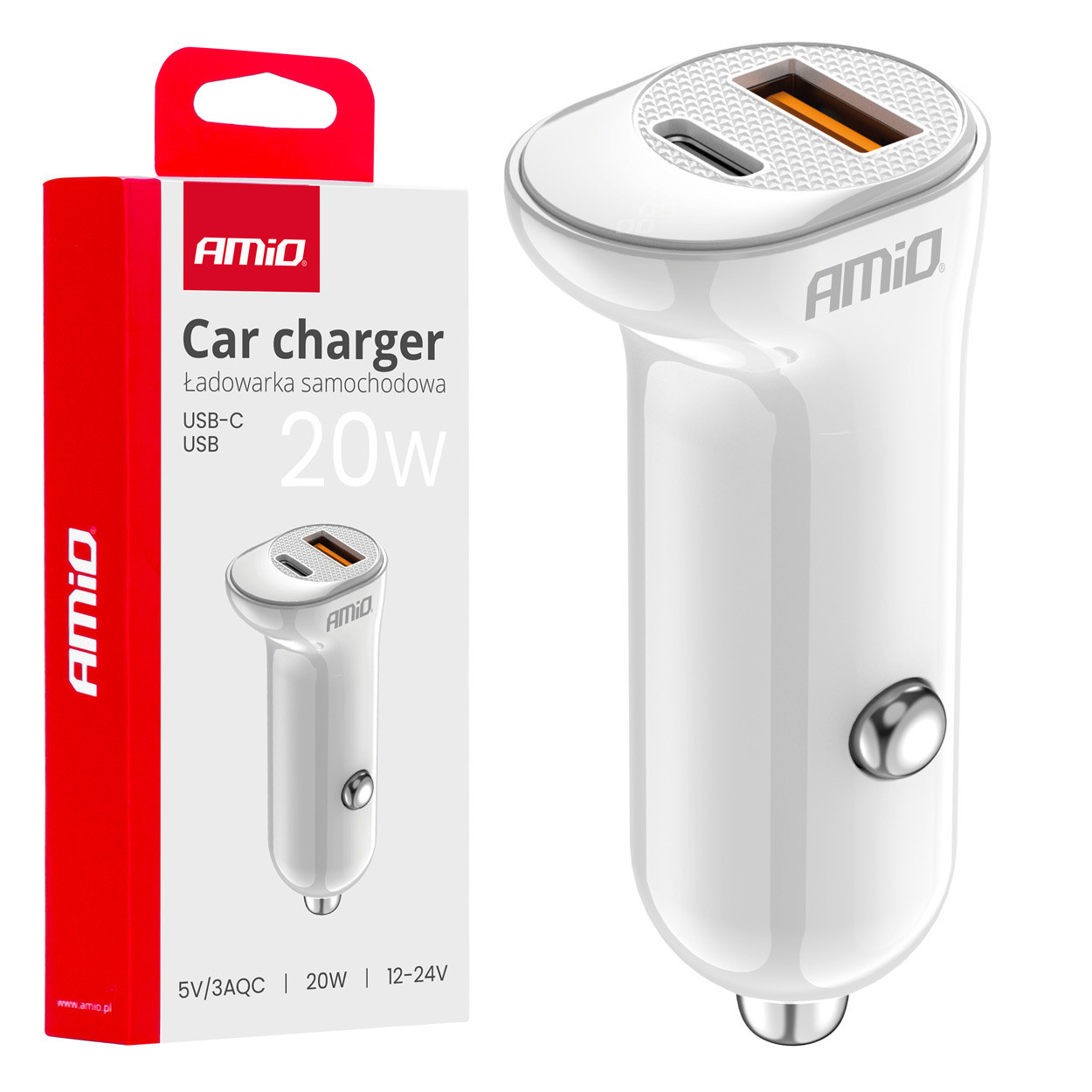 AMiO USB-A + USB-C autolader, 20W, snelladen (QC)