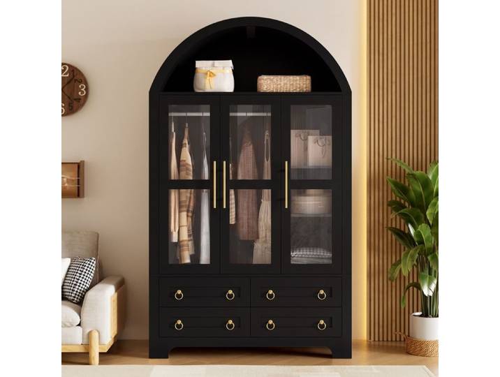 Armoire Chambre avec éclairage LED110x50x186 cm 3 portes vitrées et 4 tiroirs tringle à vêtements Armoire de Rangement Chambre Noir