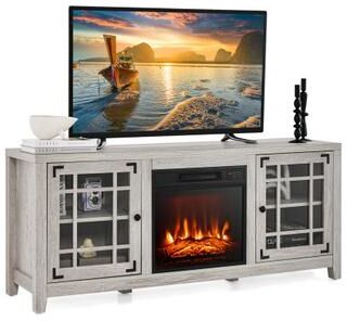 Costway 58 Inch Fireplace TV Stand with Adjustable Shelves for TVs up to 65 Inch-Natural