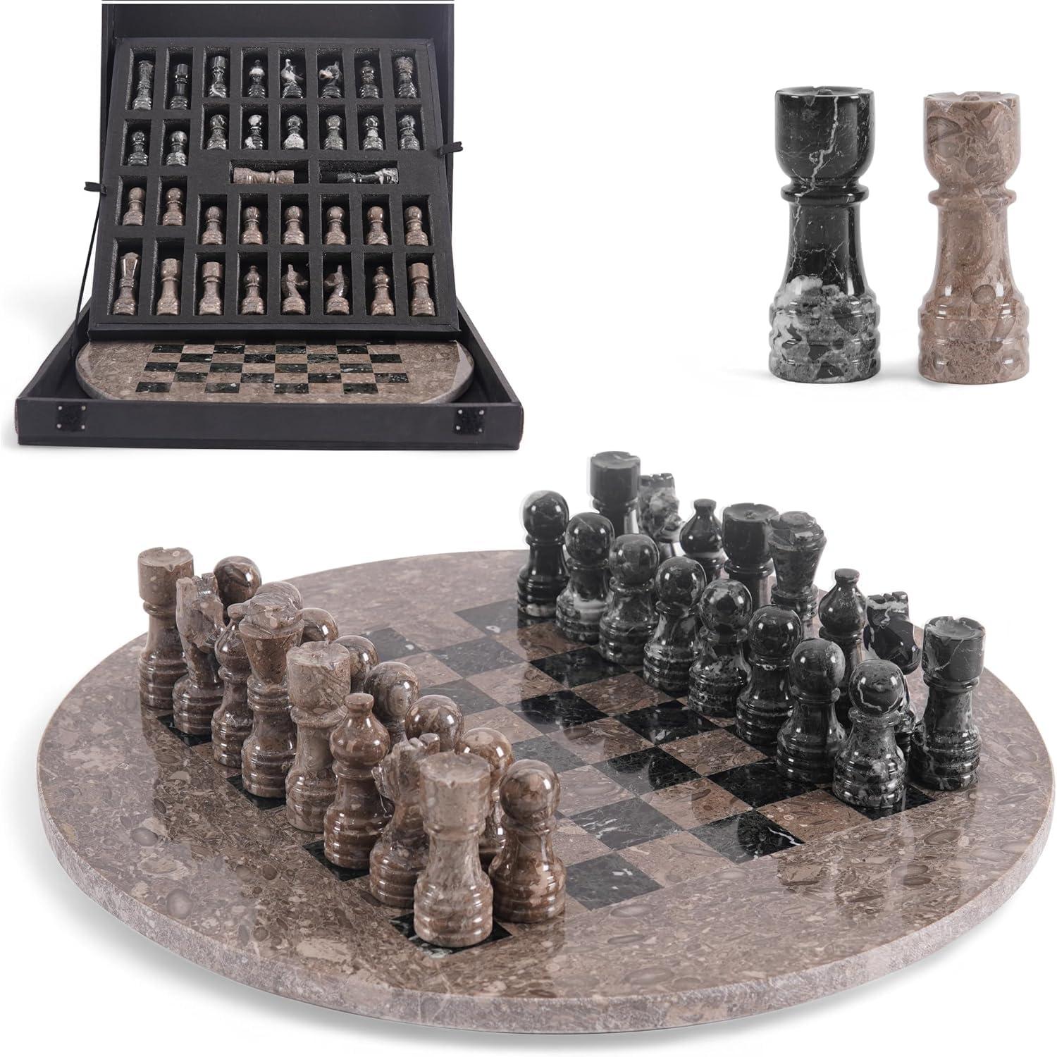 Marmor-Schachspiel, rund, 38 cm, Oceanic & Schwarz