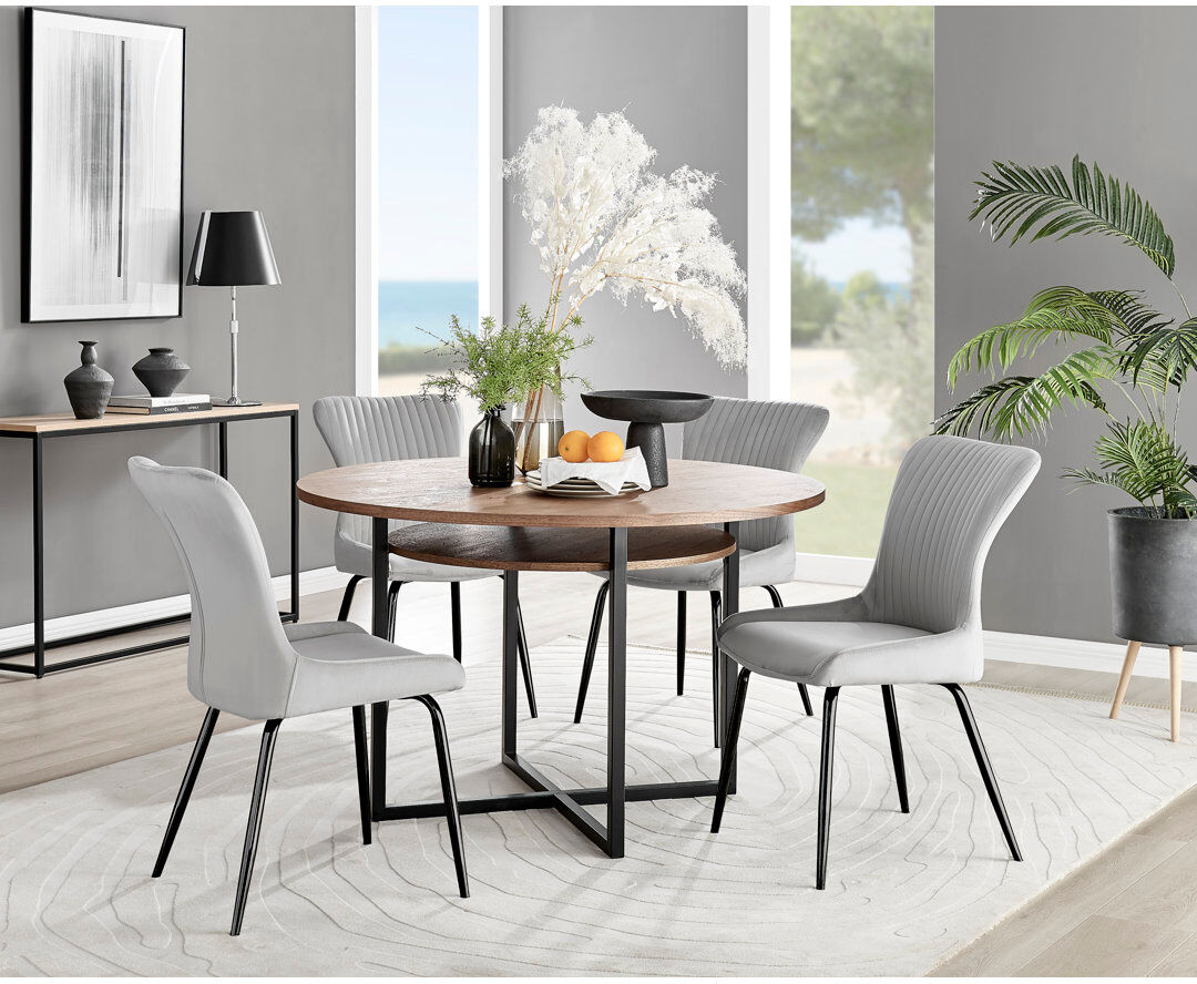 Canora Grey Round Wood Effect Dining Table With Storage Shelf & 4 Velvet Dining Chairs Light Grey/Black 4