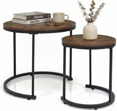 Costway Set of 2 Modern Round Stacking Nesting Coffee Tables for Living Room-Rustic Brown