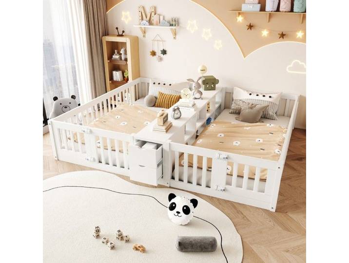 Lit superposé - PAGE LIVING - 90x200 - Tiroirs & étagères intégrés - Barrière de sécurité - Bois blanc