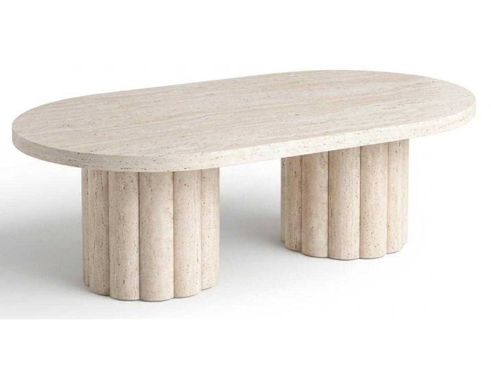 JVmoebel Couchtisch Couchtisch Oval Travertin Optik Beige Modern Design Rillen Beine, Made in Europa