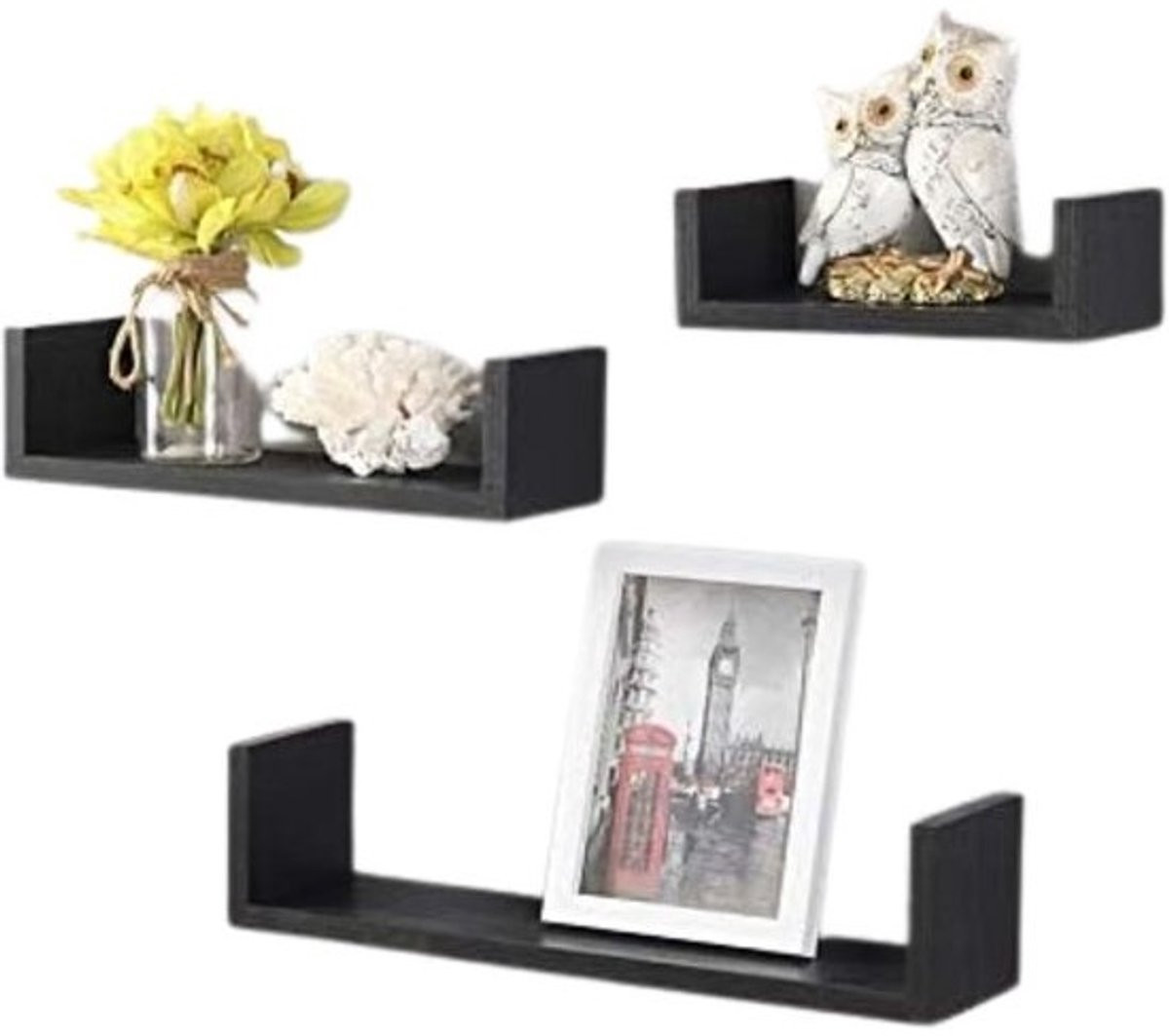 Set van 3 Zwevende U-Vormige Wandplanken in Zwart