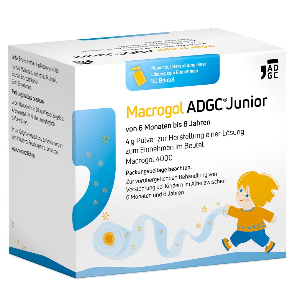 Macrogol Adgc Junior 6M-8J 4g Plv.z.H.e.L.z.Einn. 50 St Pulver zur Herstellung einer Lösung zum Einnehmen